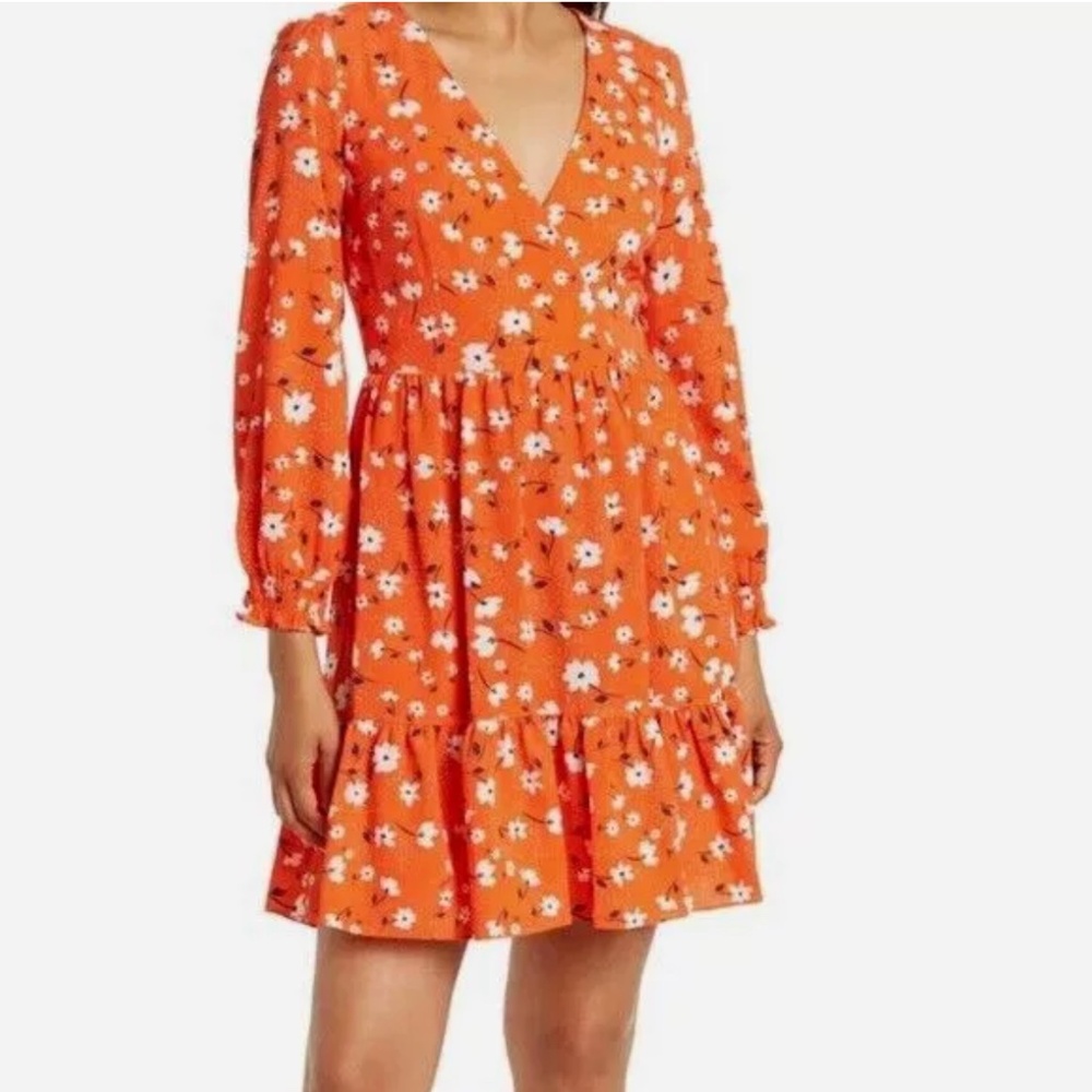 Eliza J Floral V-Neck Fit & Flare Dress Orange/Navy/White 8 Summer Casual NWT